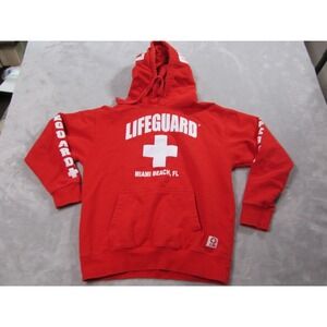 Lifeguard Hoodie Mens Small Red Miami Beach FL Pullover Sweatshirt Graphic Print
